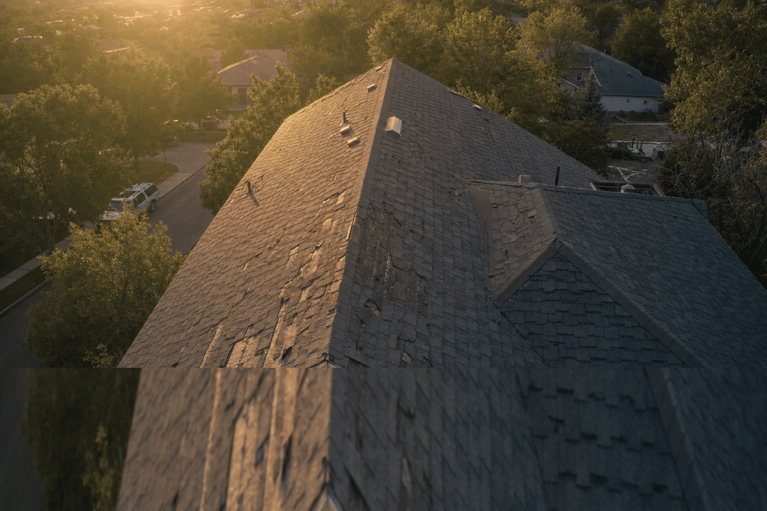 Aerial drone view of a hail-damaged residential roof at golden hour