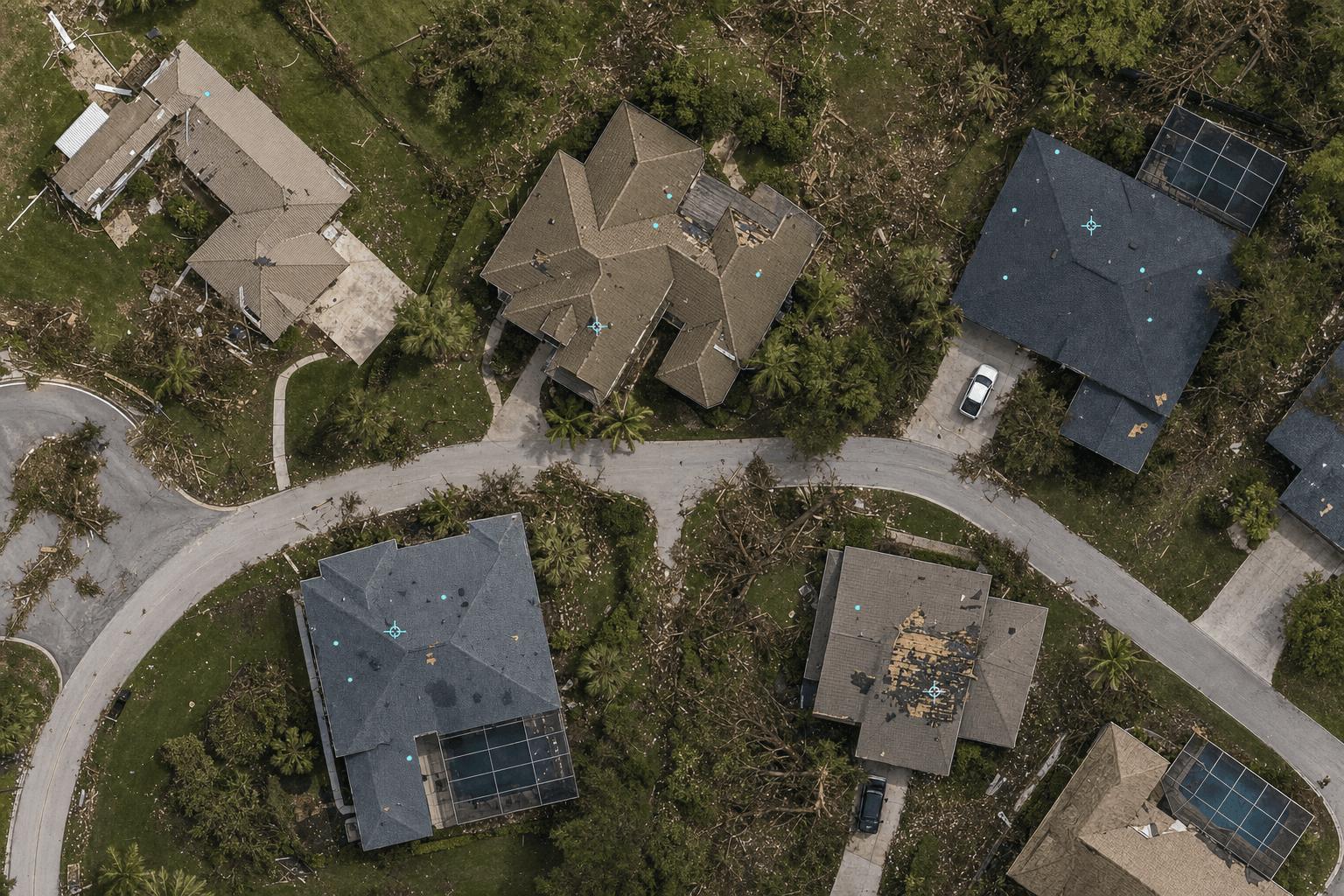 Overhead orthomosaic of a residential neighborhood with cyan inspection point markers